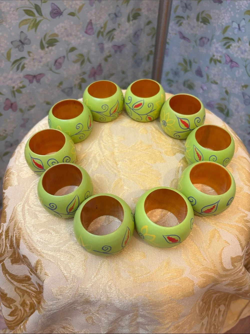 Vintage Folk Art Hand-Painted Lime Green Wooden Napkin Rings.